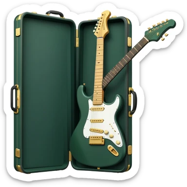 minimalist electric guitar in dark green, closed inside a black rectangular hard case with gold latches, soft matte textures, simplified details, ready-to-play symbol sticker