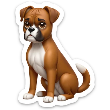 cinematic-[boxer dog]-realistic-full-body-sitting-emoji,-tail-resting-loosely-beside-its-paws,-head-tilted-dramatically,-sleek-[brown]-fur,-simplified-yet-realistic-focused-features,-highly-detailed,-glowing-with-an-almost-sarcastic-glow sticker