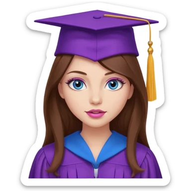 girl with gorgeous long brown hair, blue eyes, long lashes makeup, sexy pink lips, wearing a purple graduation cap and gown sticker