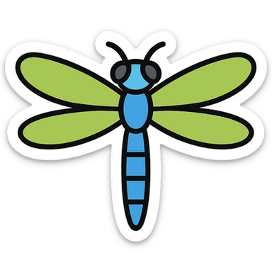 realistic dragonfly with bright green and blue wings, color outline icon style sticker