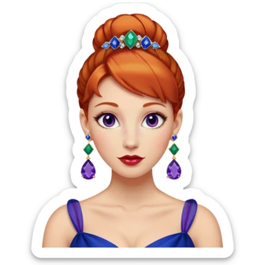 gem lover woman with gem accessories excessive amount very big gem earrings ginger bun hair and redbluediamonds sticker