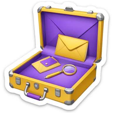 yellow (hex#FFD008) and purple (hex#8C52FF) emojis of a pin, a working case, a folder, a magnifier, an email, an envelope sticker