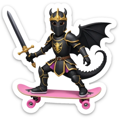 zwarte ridder met een zwarte zwaart en een zwarte schild met een zwarte draak op en hij skate met een roze skatebord sticker