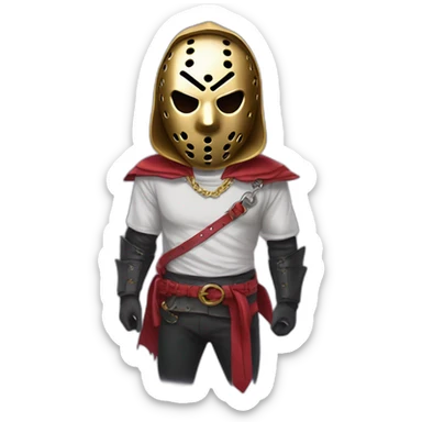 Hombre con máscara de Jason Vorhees, una cadena de oro, y un suéter de en París Saint Germain sticker