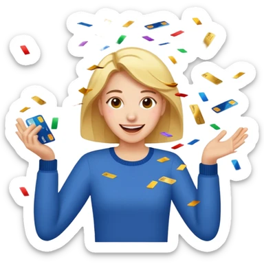 A joyful person cutting up credit cards as they turn into flying confetti emoji sticker