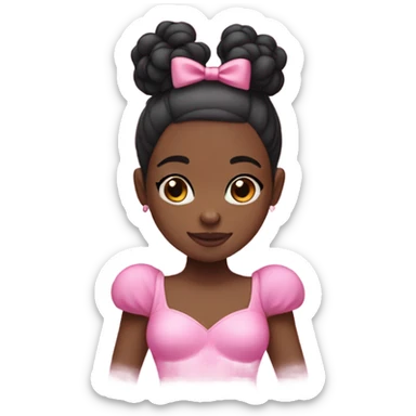 black kid girl with two black slick buns and a pink leotard holding a teddy bear with a pink bow on her hair sticker