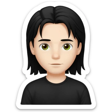 A beautiful boy with black hair and hazel green and brown eyes and white skin , with dark freckles and black t shirt with HAIRCUT: middle part hair hair with a center part haircut long  sticker