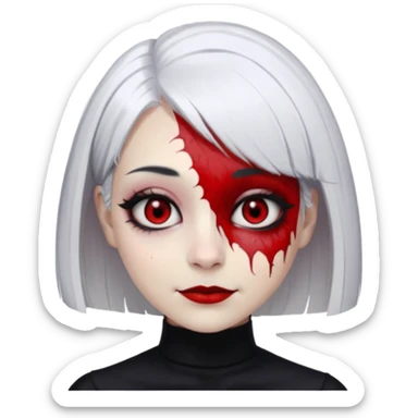 female, unnatural eye color with veiny eyes, sickly skin texture combined with an unnatural creepy smile, liminal setting that feels wrong, uncanny eerie art style, scary femme fatale, bob cut, mole under eye, white hair, red iris, black mascara, black eyeshadow, Gothic white skin, sticker
