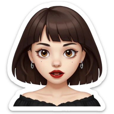 pale girl, round full lips, big brown eyes, medium brown hair with bangs, nose and eyebrow piercing, she has vampire fangs and is wearing a off shoulder black shirt sticker
