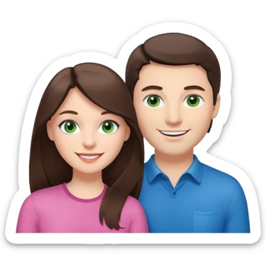 pink polaroid photo of a couple thats white with long brunette hair blue eyes and a white guy with short brunette hair and green eyes sticker