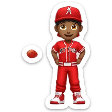 Morocho boy in red attire with a red NY cap red and Jordan Retro 4 red🌟. sticker