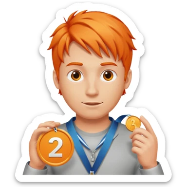 a orange-haired guy with a 2nd place silver medal sticker