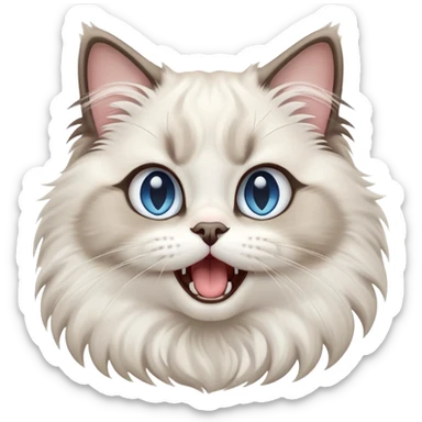 cinematic-adorable-big-eyed-fluffy-ragdoll-cat-portrait-emoji,-head-tilted-playfully-with-a-cute,-exaggerated-yawn,-white and grey fur,-simplified-yet-irresistibly-cute-features, blue eyes sticker