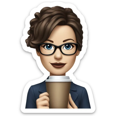 Hyper Realistic Kate Beckinsale dark blue eyes wearing glasses drinking coffee at a laptop  sticker