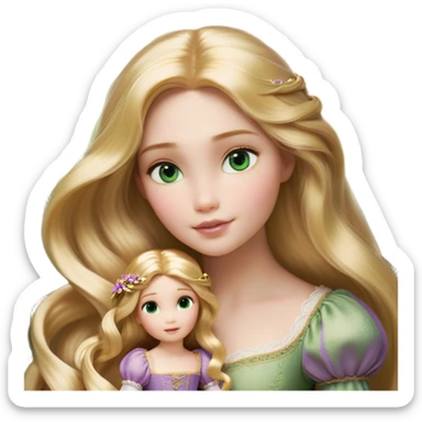 Cinematic Realistic Rapunzel Portrait, with porcelain-like skin featuring a subtle, natural glow, illuminated by soft lighting that brings out the gentle contours of her face. Her long, golden blonde hair cascades in detailed waves, each strand highlighted with a radiant shimmer as it catches the light. Her bright, expressive green eyes exude curiosity and warmth, framed by delicate lashes and soft, arched brows. Her expression is playful and vibrant, with a gentle smile. She is dressed in her classic lavender and pink gown, the fabric textured with delicate folds that flow naturally, catching the light with a soft, radiant glow. The portrait captures a luminous, enchanting aura, seamlessly blending realism with a whimsical, fairytale charm, evoking a timeless sense of beauty and magic. sticker