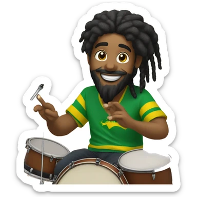 Create an image of a Brazilian drummer with tied hair, a beard, and Rastafarian style, expressing joy while playing drums in his live stream. Include the logo "GG Lukas Drummer" in the background. sticker