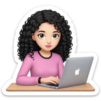 a girl typing mac book with long black curly hair and brown eyes with black eyeliner, pink shirt sticker