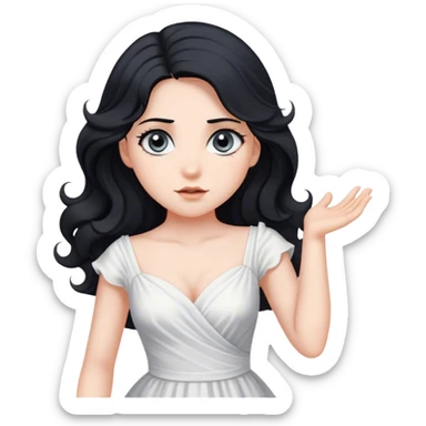 She has long, wavy black hair that frames her face elegantly. Her eyes are big and gray, adding to her captivating appearance. She is wearing a white dress that complements her fair complexion. She is striking a pose slightly diagonally, enhancing her graceful look. sticker