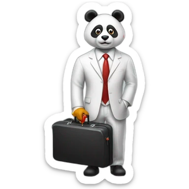 A professor with white suit and red tie and a panda face eating a hotdog and holding a black suitcase sticker