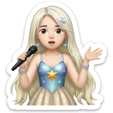 billie eilish is singing, 2 hands holding mirco and twinkle dresss, white long hair sticker