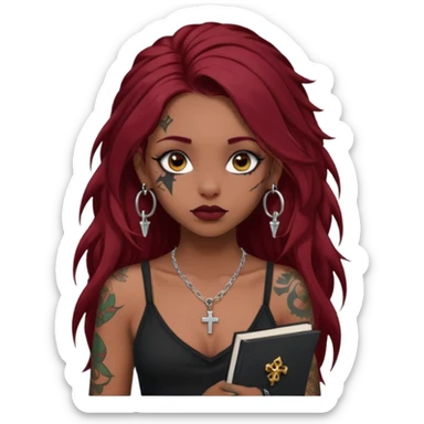generate an ios genmoji of a dusky girl with long dark red messy hair with eyeliner on her eyes. septum piercing, wearing a cami black top, has tattoos, on shoulders. ear piercings. wearing a cross silver necklace. carrying a lot of sketchbooks sticker
