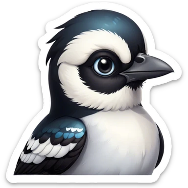 Cinematic Cute Magpie Portrait Emoji, Head tilted playfully and inquisitively, featuring a compact, elegant form with glossy, contrasting black and white feathers and round, sparkling eyes full of playful charm, Simplified yet irresistibly adorable features, highly detailed, glowing with a warm, inviting glow, high shine, affectionate and lively, stylized with a touch of whimsical urban flair, soft glowing outline, capturing the essence of a mischievous yet endearing magpie that seems as if it could flit out of the screen into your arms! sticker