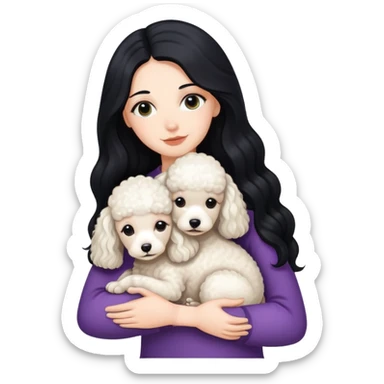 A white girl with long black  hair tightly hugged a Mini poodle sticker
