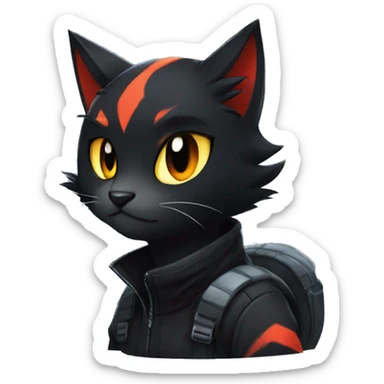 Edgy Shy Anthro boyish cool pretty dark black Litten-Pokémon-cat-fursona-animal techwear ponytail sticker