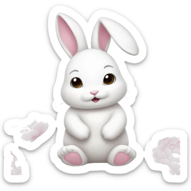cute white bunny holding light pink peonies sticker