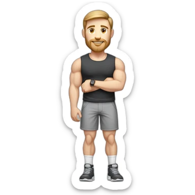 Full height Pale skinned fit man With biceps, Realistic eyes and mouth, light brown hair and stubble In dark gray sleeveless mike, black oversize sports shorts, watch and white sneakers. sticker