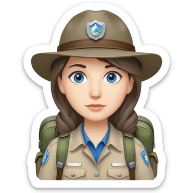 white woman park ranger with gray and brown hair, blue eyes, wearing a backpack sticker