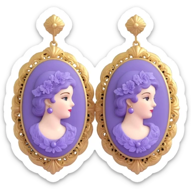 3D emoji-style vintage purple cameo earrings, ornate and elegant sticker