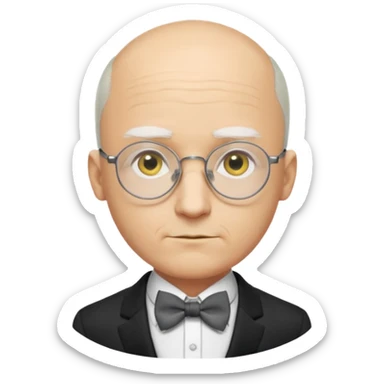Yellow-skinned animated man. Bald on top with thin gray hair at the sides. Large round white eyes with black pupils. Wears round glasses. Pointed nose. Visible suit lapels, white shirt collar, and bow tie at the neck. sticker