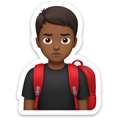 Create an emoji of a young man with short dark hair and a serious expression. He is wearing a black t-shirt and a red backpack, giving a confident and professional look. The emoji should reflect his focus and determination. sticker