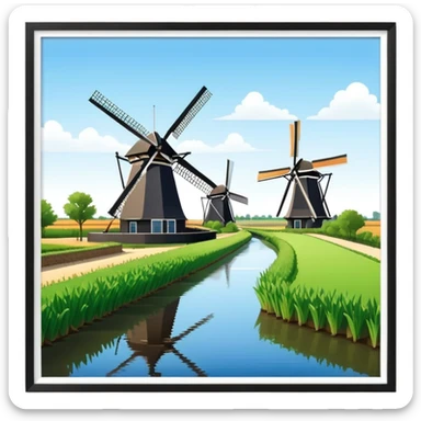 cinematic-realistic-kinderdijk-windmills-landmark-emoji,-showcasing-traditional-dutch-windmills-aligned-along-a-tranquil-canal,-with-lush-green-fields in a picture frame sticker