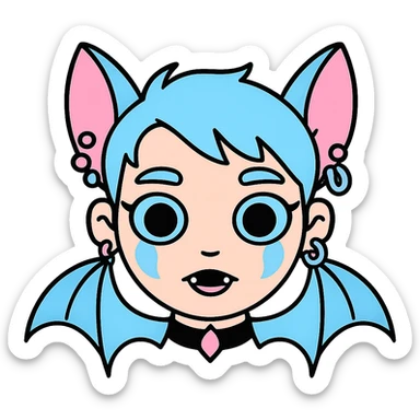 Add pastel-colored piercings to the pastel goth bat emoji, keep the style and pastel palette, with no background. sticker