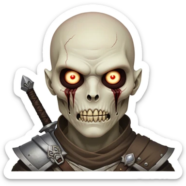 Cinematic Realistic WoW Undead Warrior Portrait, head tilted epicly and inquisitively, showcasing grim resilience and defiant strength. His withered, pallid skin and intense, glowing eyes contrast starkly with his worn, earth-toned clothes, rendered in meticulous detail. With dynamic, high-contrast lighting and high shine, this portrait exudes an epic aura, capturing the relentless will of a battle-hardened undead warrior. sticker