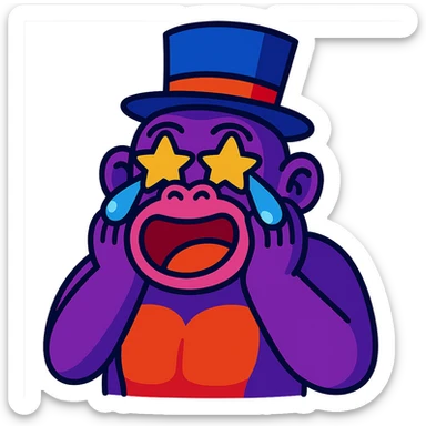 Make the purple gorilla with star eyes and tophat laugh with tears, keep the vibrant colorful style, and maintain transparent background. sticker