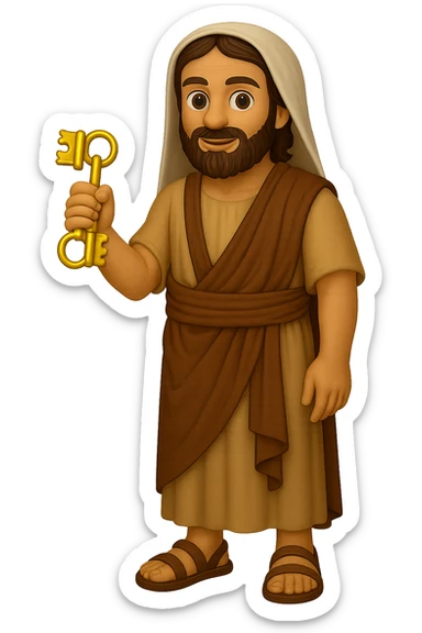 Make the shirt sleeveless like in 'The Chosen' show, keep plain robes, fullbody apostle Peter, high detail, emoji style, holding keys, full beard, standing pose, intricate clothing, no background. sticker