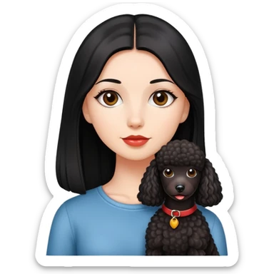 A beautiful girl with fair skin has long straight black hair and a miniature reddish-black Poodle. sticker