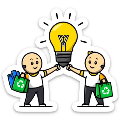 a lightbulb and a battery holding hands, each with recycling bags, walking to recycle sticker