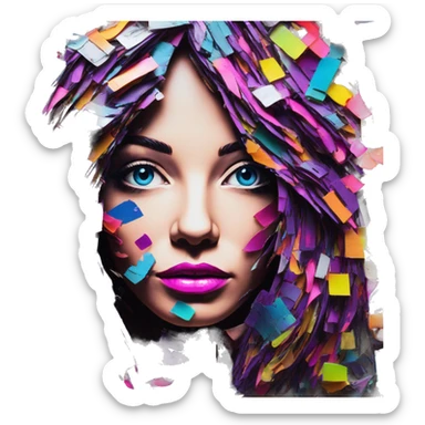 Colourful blacklight neon patchwork Person face portrait made entirely of multicoloured torn up magazines  sticker