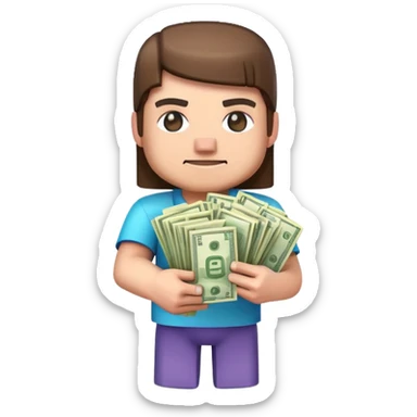 emoji style icon, minecraft blocky character holding a stack of money, pixel art style, bright colors, simple background, 3D glossy emoji, centered composition, soft shadow, high detail, clean outline, white background sticker