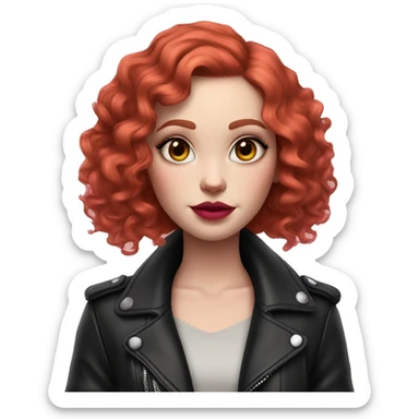Girl with very pale skin, with bright red curly bob hair that is parted on the side, heavy eye makeup, cat eyeliner, long eyelashes, bright pink blush and bright pink lipstick.  Her eyebrows are dark, arched and very high. Wearing a leather jacket  sticker