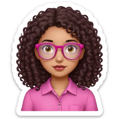 Girl with long, dark brown curly hair, with mixed sk, pink glasses, and a pink shirt, dark brown eyes  sticker