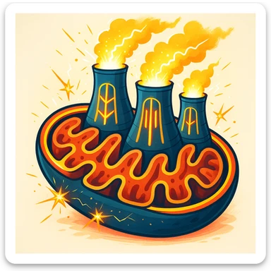 mitochondria represented as nuclear power plants, modern illustrative style inspired by updated DALL·E 3, creative details, vibrant colors, visible energy with lights and sparks, only mitochondria-nuclear power plant, light background sticker