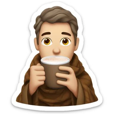 White man covered in blanket drinking hot chocolate sticker