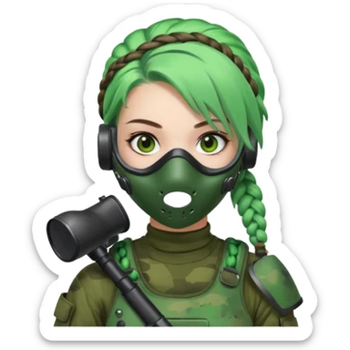 paintball player face girl braided green hair sticker