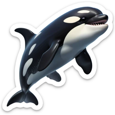 Meme-Worthy Breaching orca Portrait Emoji, Bursting powerfully out of the ocean with an impressive, high-energy leap, showcasing a sleek black-and-white body glistening with water droplets and dynamic, arched posture, Simplified yet exhilaratingly expressive features, highly detailed, glowing with a vibrant marine energy, high shine, bold and full of life, stylized with an air of untamed ocean spirit, soft glowing outline, capturing the essence of an orca mid-breach, radiating pure, unstoppable aquatic power! sticker