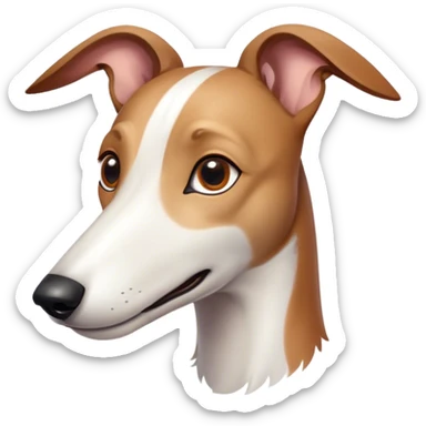 Cinematic Cute White and Brown Greyhound Portrait Emoji, Head tilted playfully and inquisitively, featuring a smooth white Fur with vibrant brown accents and round, sparkling eyes filled with curiosity, Simplified yet irresistibly adorable features, highly detailed, glowing with a warm, friendly glow, high shine, affectionate and nimble, stylized with a touch of whimsy, bright and endearing, soft glowing outline, capturing the essence of a mischievous yet loving racer, so playful it feels like it could sprint out of the screen and into your arms! sticker